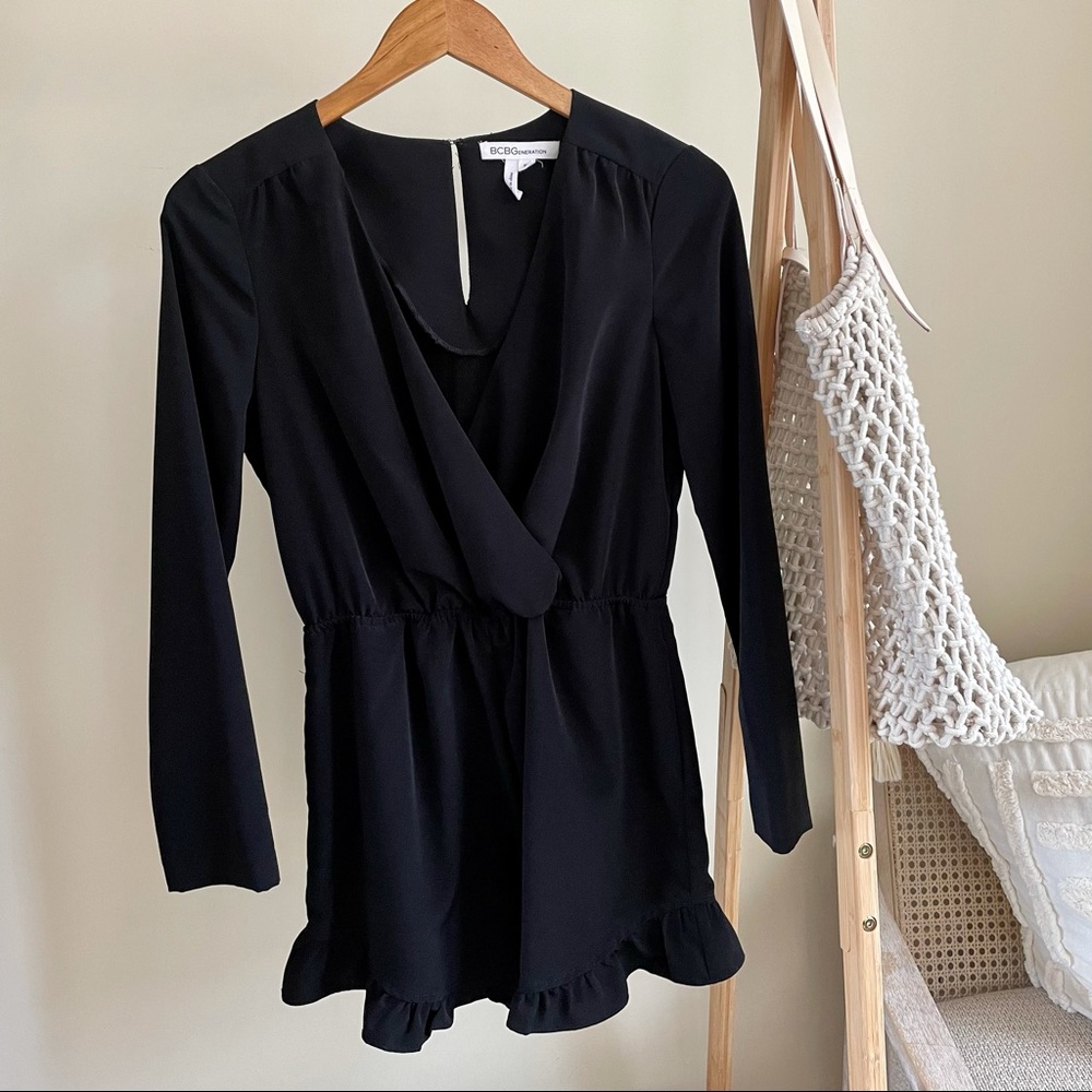BCBG Wrap Front Ruffle Hem Romper in Black XS - Picture 1 of 5